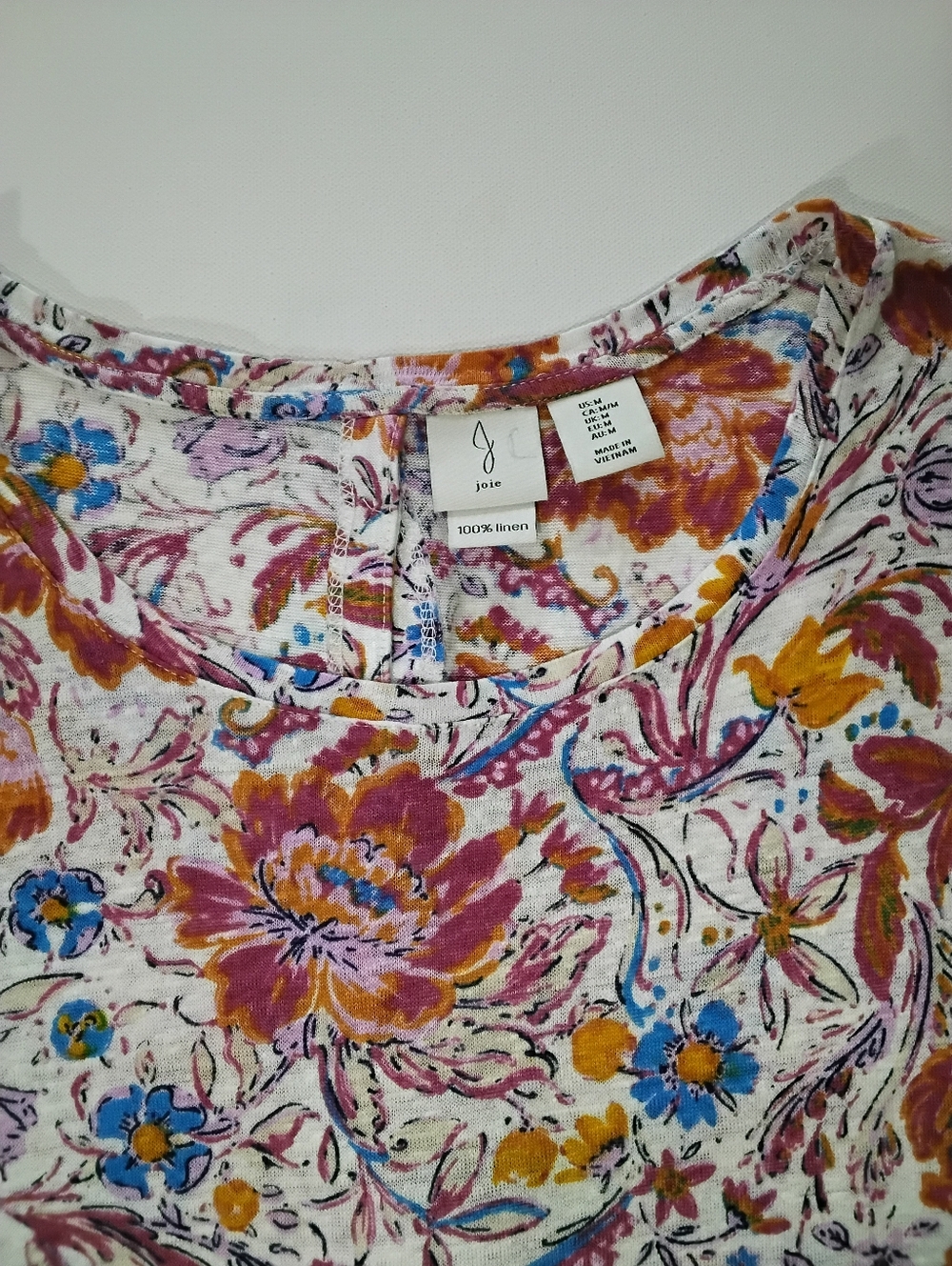 Joie 100% Linen Top Womens Medium White Pink Orange Tropical Floral Boho Luxury - Picture 2 of 8